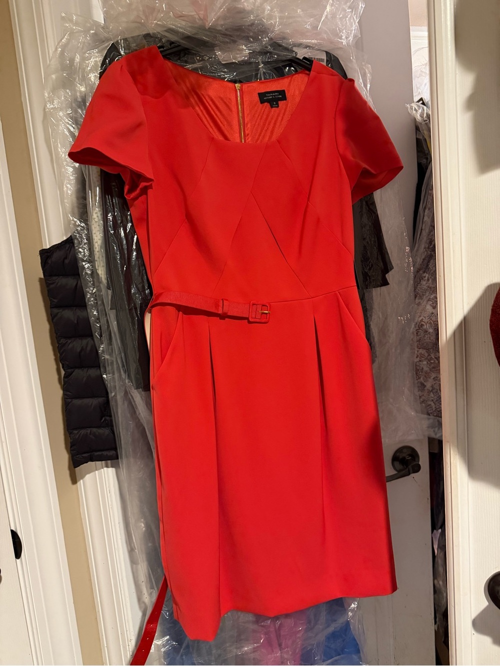 Tahari Red Short-Sleeve Belted Midi Dress - Classic Red